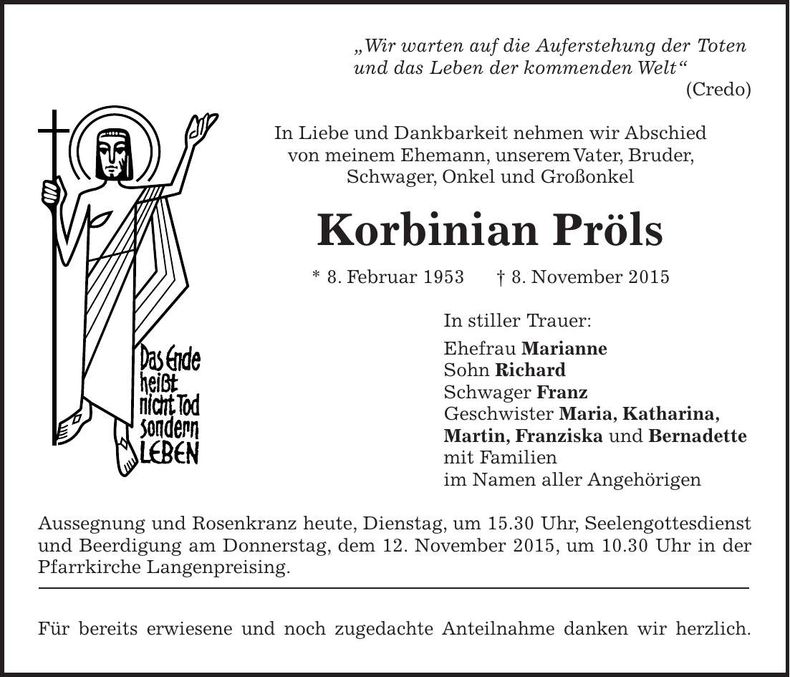 Traueranzeige Korbinian Pröls