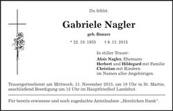 Traueranzeige Gabriele Nagler