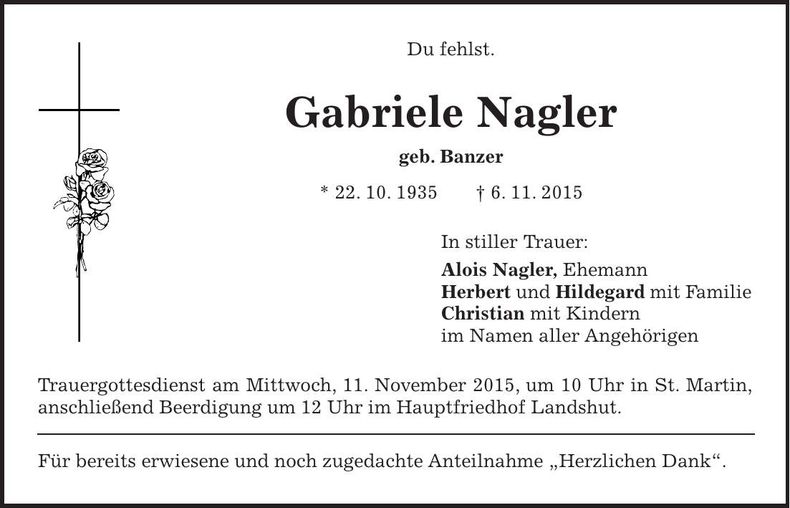 Traueranzeige Gabriele Nagler