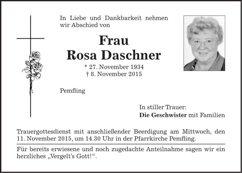 Traueranzeige Rosa Daschner
