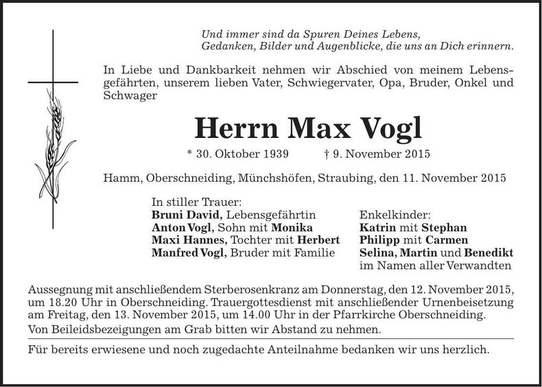 Traueranzeige Max Vogl