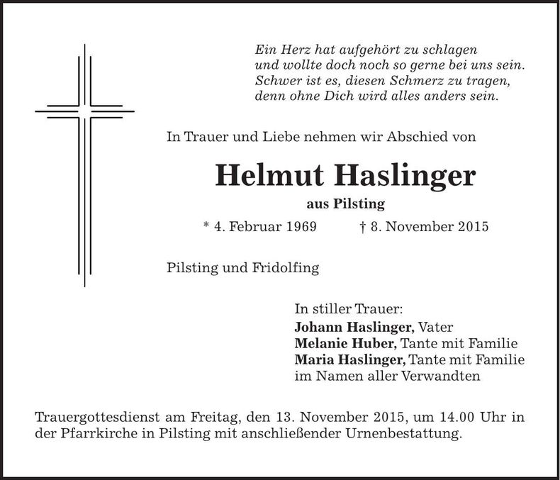 Traueranzeige Helmut Haslinger