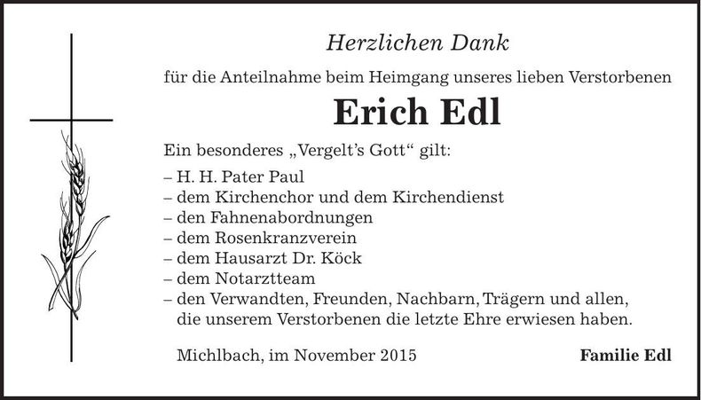 Traueranzeige Erich Edl