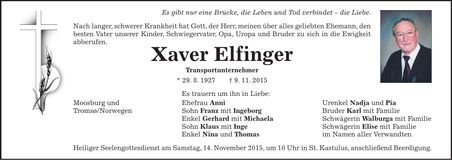 Traueranzeige Xaver Elfinger