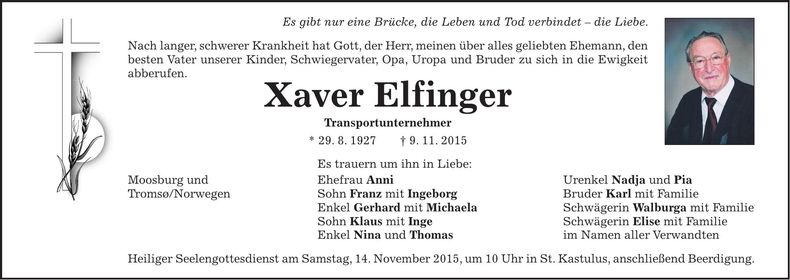 Traueranzeige Xaver Elfinger