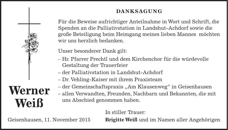 Traueranzeige Werner Weiß