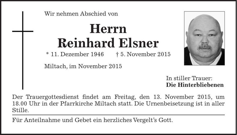 Traueranzeige Reinhard Elsner