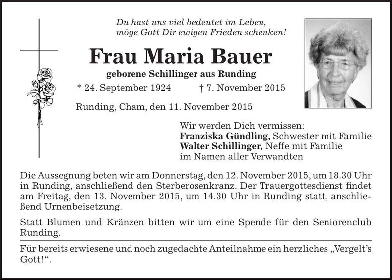 Traueranzeige Maria Bauer