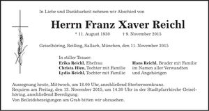 Traueranzeige Franz Xaver Reichl