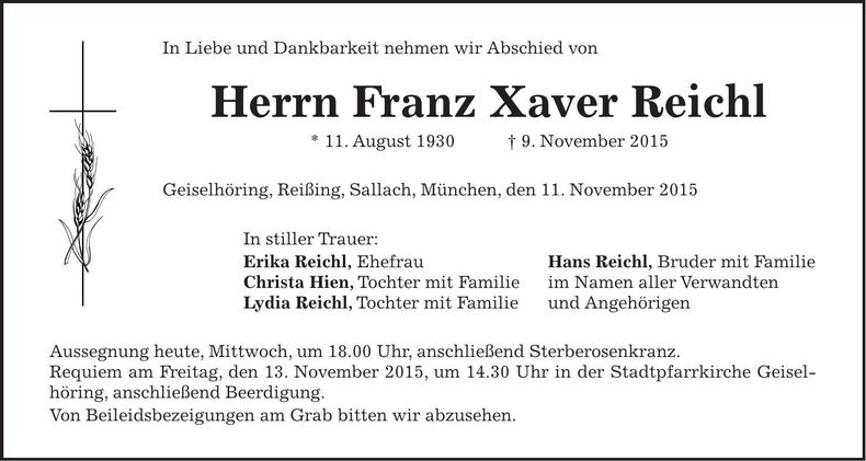 Traueranzeige Franz Xaver Reichl