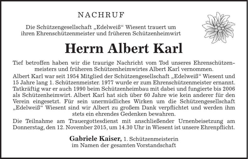 Traueranzeige Albert Karl