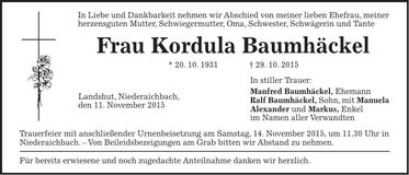 Traueranzeige Kordula Baumhäckel