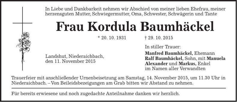 Traueranzeige Kordula Baumhäckel