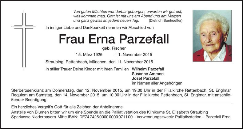 Traueranzeige Erna Parzefall