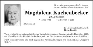 Traueranzeige Magdalena Kuchenbecker