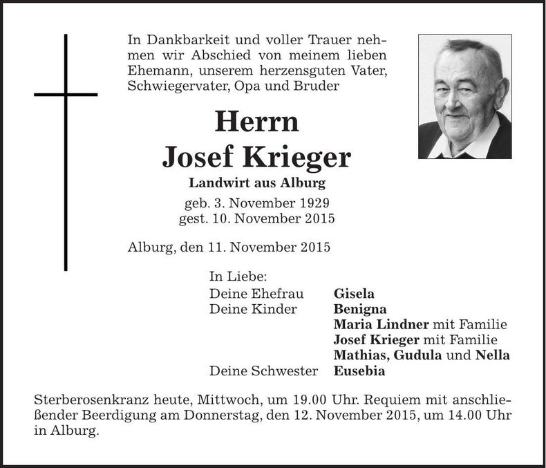 Traueranzeige Josef Krieger