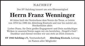 Traueranzeige Franz Wenninger