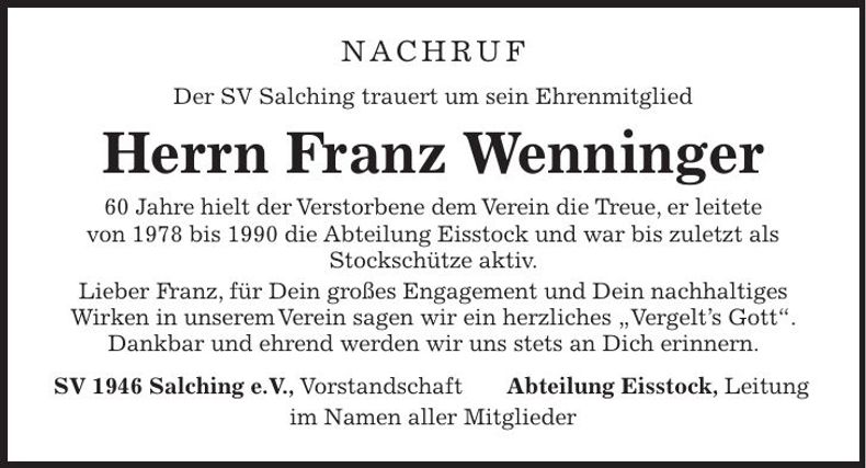 Traueranzeige Franz Wenninger