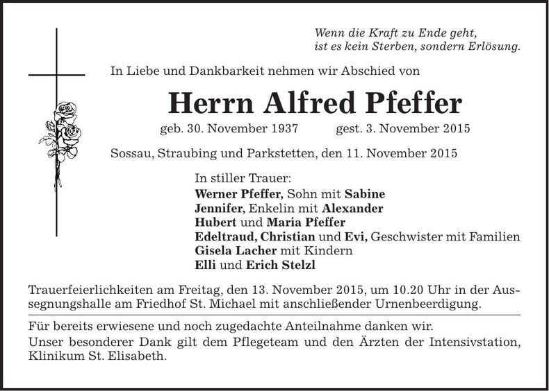 Traueranzeige Alfred Pfeffer