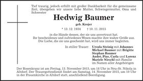 Traueranzeige Hedwig Baumer