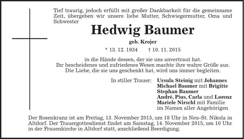 Traueranzeige Hedwig Baumer