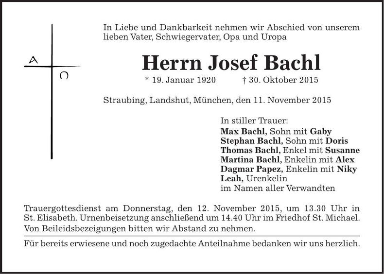 Traueranzeige Josef Bachl