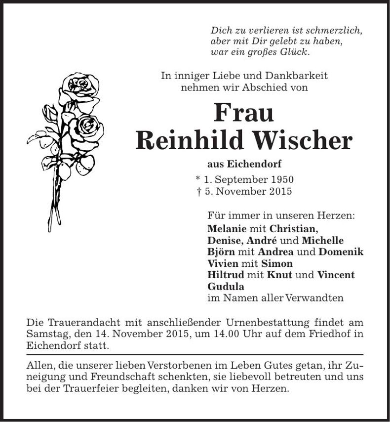 Traueranzeige Reinhild Wischer