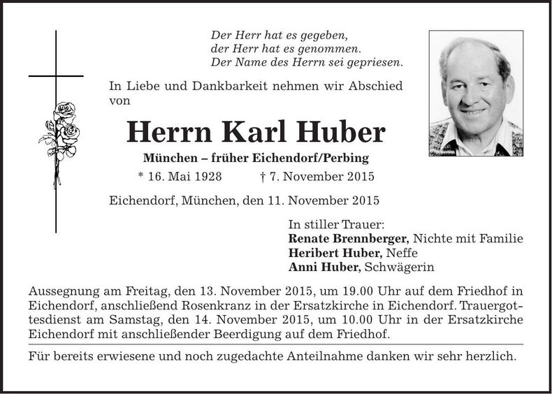 Traueranzeige Karl Huber