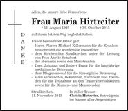 Traueranzeige Maria Hirtreiter