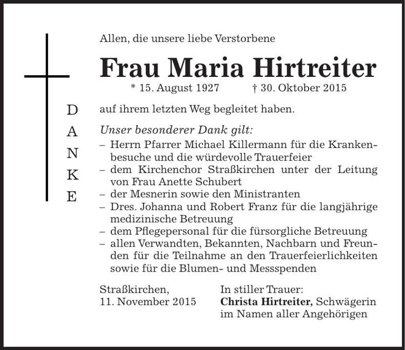 Traueranzeige Maria Hirtreiter