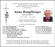 Traueranzeige Anna Hanglberger