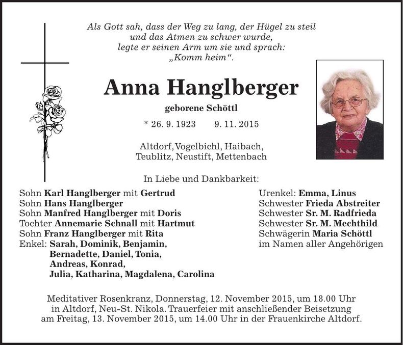 Traueranzeige Anna Hanglberger