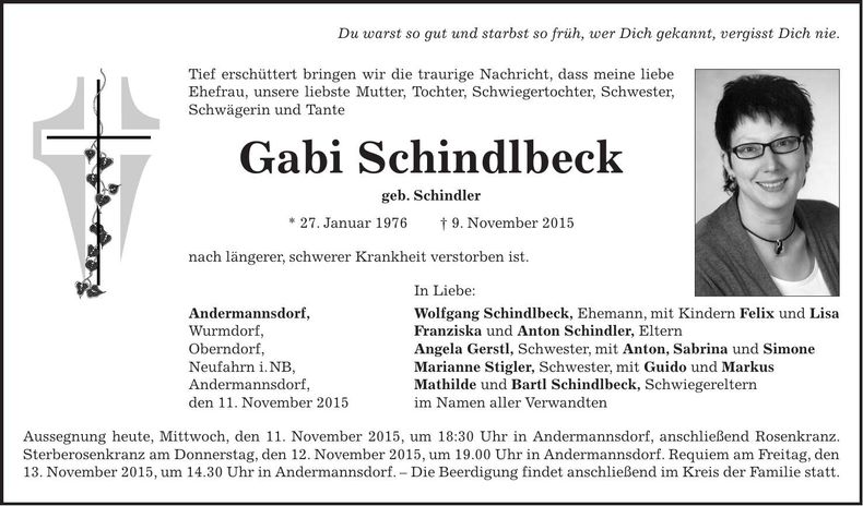 Traueranzeige Gabi Schindlbeck