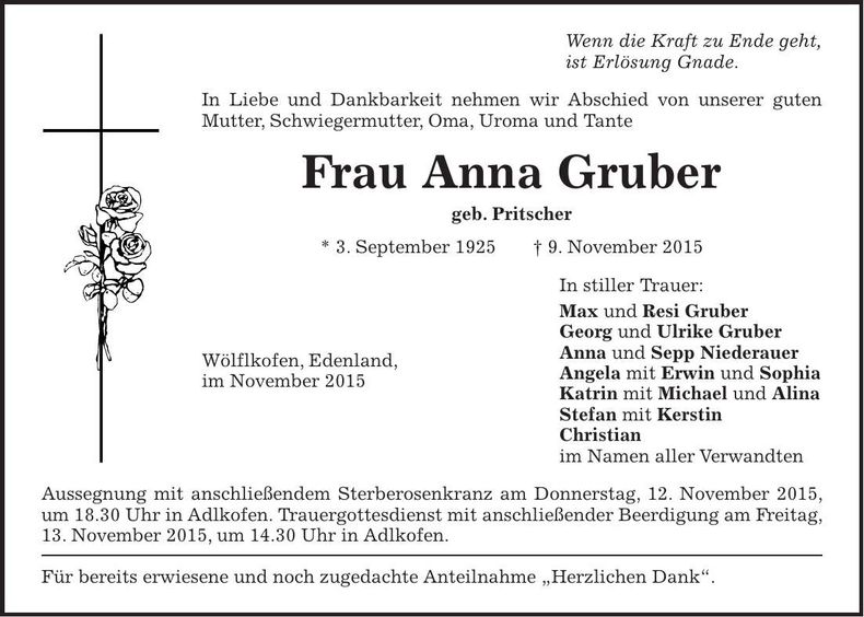Traueranzeige Anna Gruber