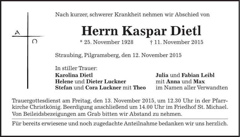 Traueranzeige Kaspar Dietl