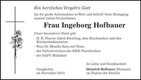 Traueranzeige Ingeborg Hofbauer