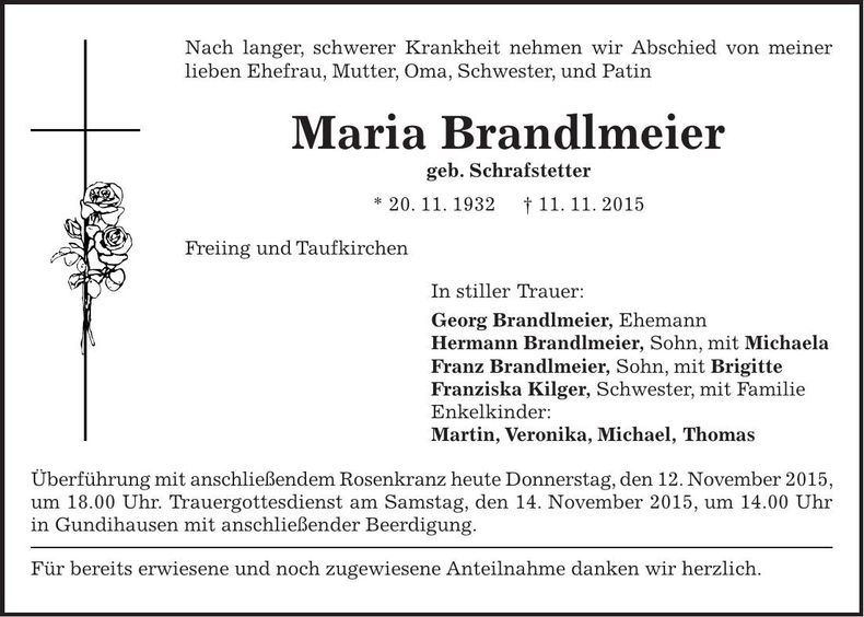 Traueranzeige Maria Brandlmeier