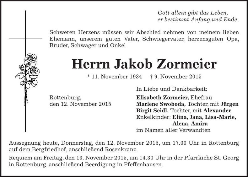 Traueranzeige Jakob Zormeier