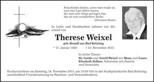 Traueranzeige Therese Weixel