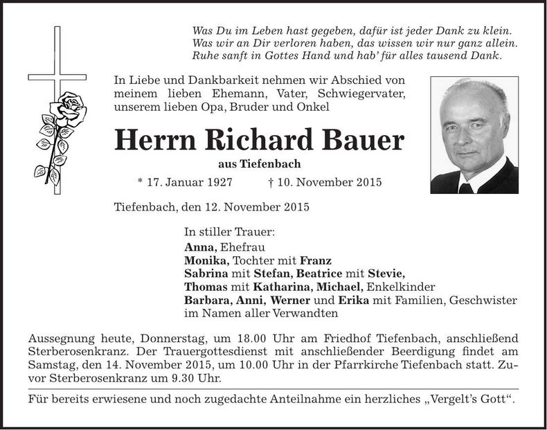 Traueranzeige Richard Bauer