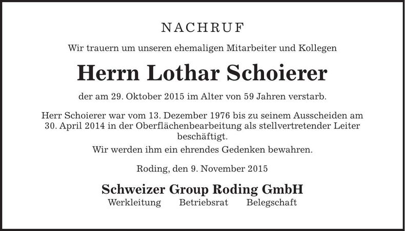 Traueranzeige Lothar Schoierer