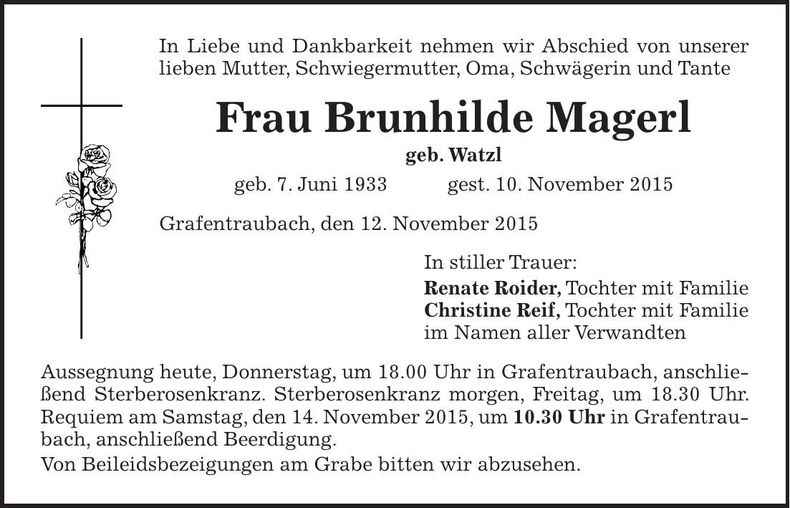 Traueranzeige Brunhilde Magerl