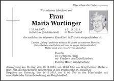 Traueranzeige Maria Wurtinger