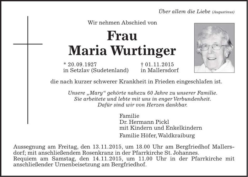 Traueranzeige Maria Wurtinger