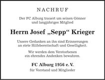 Traueranzeige Josef "Sepp" Krieger