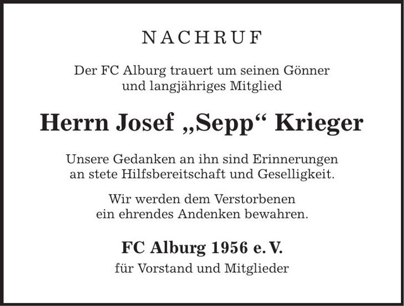Traueranzeige Josef "Sepp" Krieger