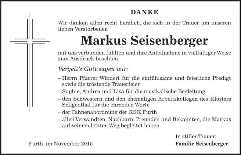 Traueranzeige Markus Seisenberger