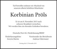 Traueranzeige Korbinian Pröls