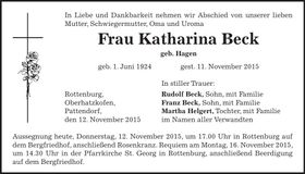 Traueranzeige Katharina Beck