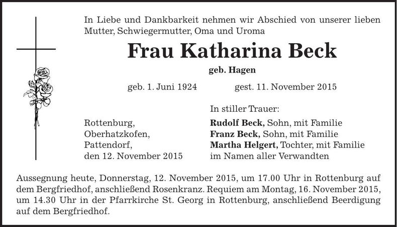 Traueranzeige Katharina Beck